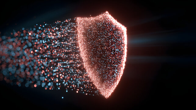 Digital glowing shield symbol, futuristic cyber security concept neon light particles technology background