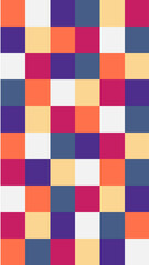 A seamless geometric pattern of colorful squares in vibrant shades of red, orange, purple, and yellow. This cheerful design is perfect for backgrounds and digital art.