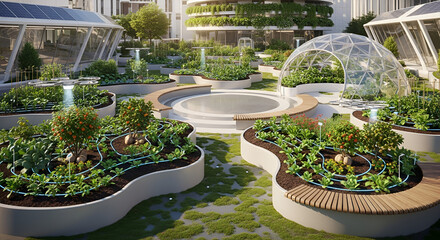 Rooftop urban farm with advanced irrigation systems and geodesic domes, showcasing sustainable city agriculture and green technology