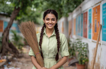 Smiling young indian woman in cleaning uniform holding broom standing outside during environmental cleanup campaign
