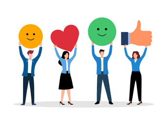 Employee satisfaction attitude survey feedback business concept flat style vector illustration. Business people with various feedback emoticons. Working happiness wellbeing and satisfaction feedback