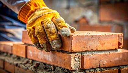 Bricklaying Proficiency: A construction worker expertly places a brick with precision and care, crafting a solid foundation for a future structure. Emphasizing manual labor and the building trades.