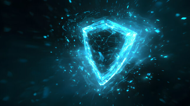 Digital glowing shield symbol, futuristic cyber security concept neon light particles technology background
