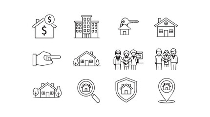 Collection of hand drawn real estate and housing icons in silhouette style