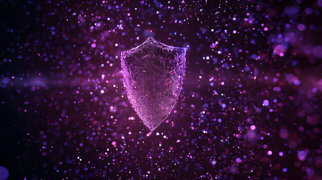 Digital glowing shield symbol, futuristic cyber security concept neon light particles technology background