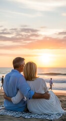 A loving couple sits on a beach blanket, embracing, as they watch a beautiful sunset over the ocean.