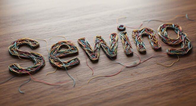 Colorful 'Sewing' typography crafted from various vibrant threads and yarns, artfully arranged on a warm, textured wooden background, symbolizing handmade artistry and textile creativity