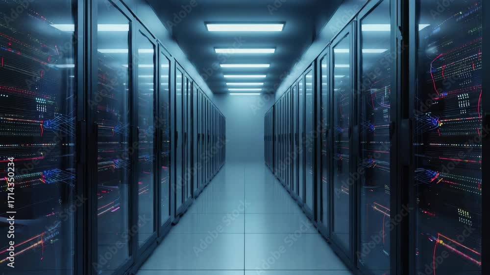 Poster inside a state-of-the-art data center featuring rows of high-tech servers for big data processing an