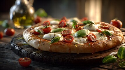 Delicious authentic Italian pizza with melted cheese, fresh basil, and cherry tomatoes on a rustic table, captured in a realistic food photography style.