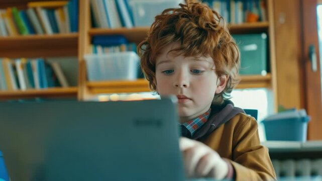 A young child with red hair focused on a digital device, likely e-reader or tablet.