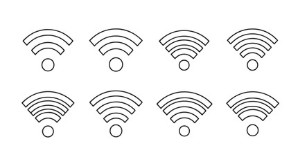 Eight wi fi signal icons in a clean minimalist silhouette style