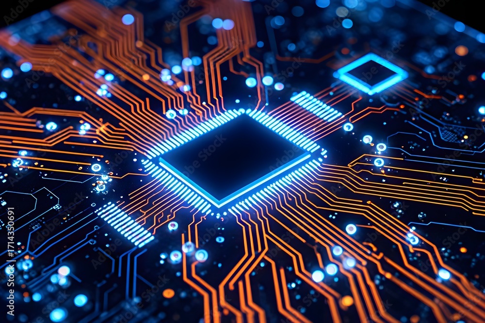 Poster an intricate close-up shows a glowing blue central processing unit with orange circuits and abstract