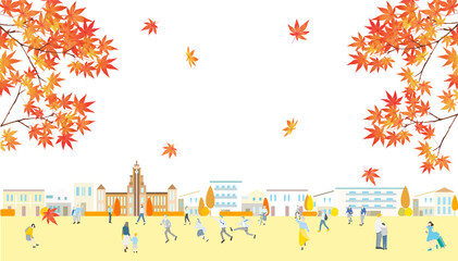 赤く紅葉した美しい紅葉の下を歩く人々-街並みーオシャレなベクター秋背景素材フレーム