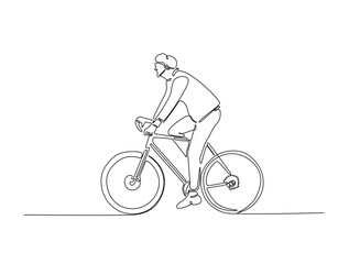 Continuous line art drawing of cyclists cycling on road ,bicycle sport race concept.  Athlete riding a bicycle in single line art drawing vector illustration. Editable stroke.
