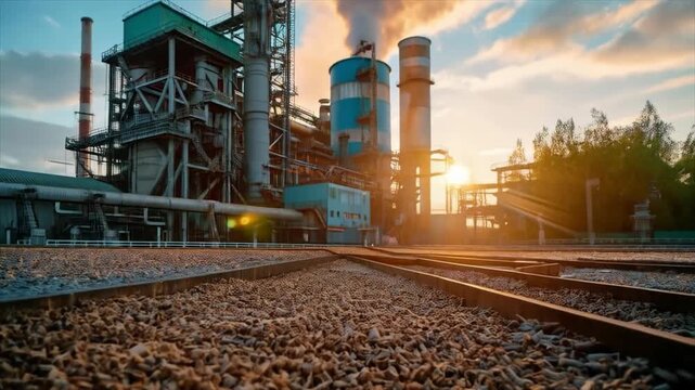 Wood pellets on railroad tracks against the backdrop of an industrial plant at sunset For publications on bioenergy, alternative fuels, environmental initiatives, and industrial production.
