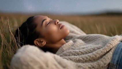 Coffee, Stories - Serene Woman Relaxing in Field Under Starry Sky at Twilight