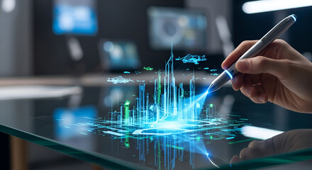 Innovator using a high-tech stylus to create a holographic 3D model of a futuristic city on an interactive augmented reality interface
