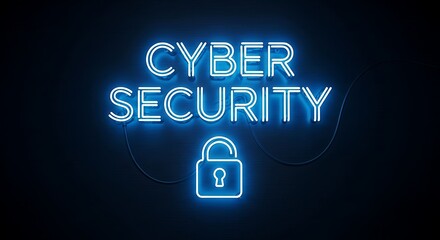 Bright blue neon text displays the words "Cyber Security" with a stylized padlock symbol, against a dark background.