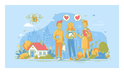 Friendly Cartoon Characters Engaging in Fun Outdoor Conversation and Activities