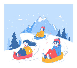 Fun Winter Sledding Adventure Cartoon Illustration for Kids and Families