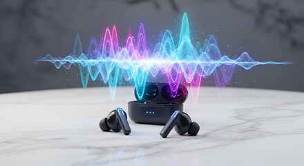 Futuristic audio technology concept featuring wireless earbuds and a glowing soundwave visualization representing an immersive music and sound experience