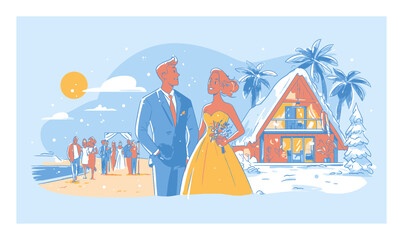 Romantic Winter Wedding Scene with Couple and Festive Decorations