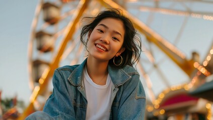 Espresso Paths Joyful Young Woman at an Amusement Park with Ferris Wheel in Background