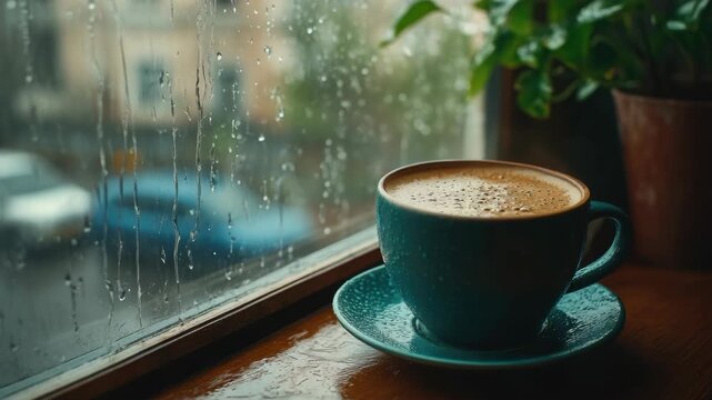 Rainy day with a warm cup of coffee on the windowsill.