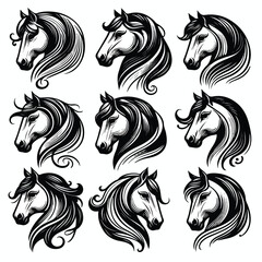  Vector image set of black and white horse heads