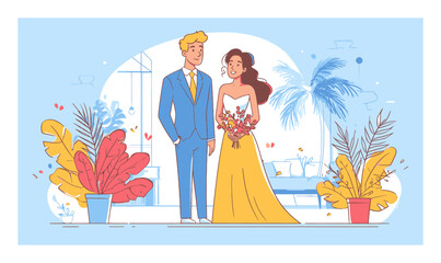Elegant Cartoon Wedding Scene with Bride and Groom in Colorful Setting