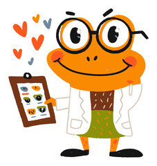 Cute Cartoon Frog Doctor with Clipboard and Colorful Hearts Design