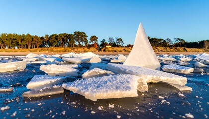 Ice shards on a beach at dawn