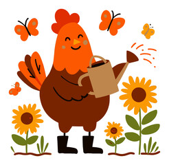 Cheerful Cartoon Chicken Watering Flowers with Butterflies in Garden Scene