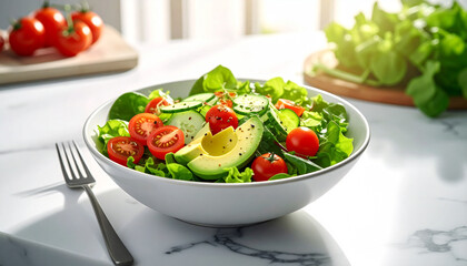 Fresh salad bowl with greens, tomatoes, cucumber, and avocado on a marble counter