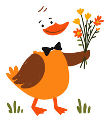 Cheerful Cartoon Duck Holding Flowers with Bow Tie in Vector Style
