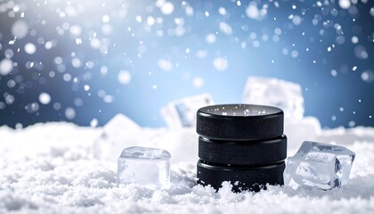 Ice hockey pucks on snow with ice cubes. Winter sports theme