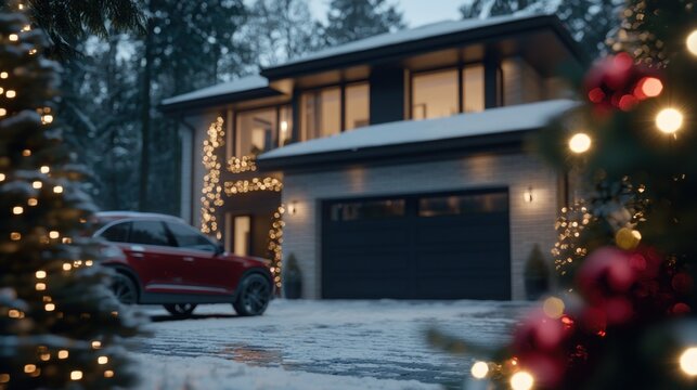 Modern house decorated with Christmas lights, a car parked nearby, and Christmas trees in the foreground.