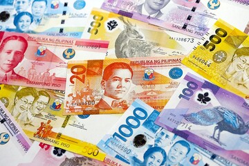 Philippines peso currency money bills. The current banknotes lies on table in big amount