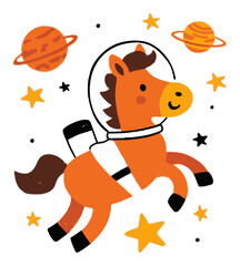 Cute Cartoon Horse in Space with Planets and Stars in Vibrant Colors