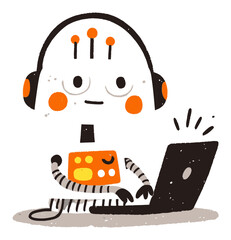 Cute Cartoon Robot Working on Laptop with Headphones in Vector Art Style