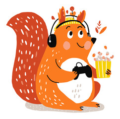 Cheerful Cartoon Squirrel Enjoying Gaming with Headphones and Popcorn