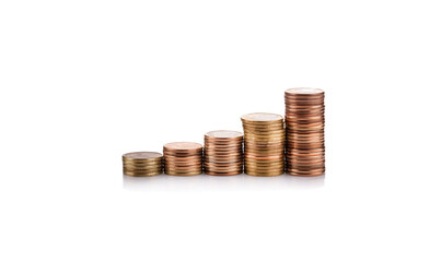 Stack of coins on a white background. Graph of economic growth, investment returns and deposit interest. Banking and business.
