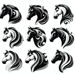  Vector image set of black and white horse heads