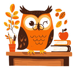 Cute Owl Character with Apple and Books in Autumn Color Palette