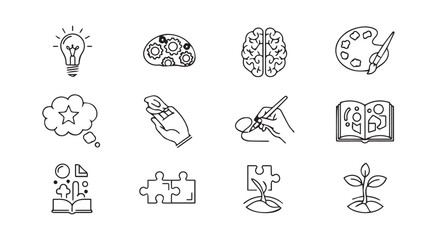 Collection of hand drawn silhouette icons representing creativity innovation and learning silhouette
