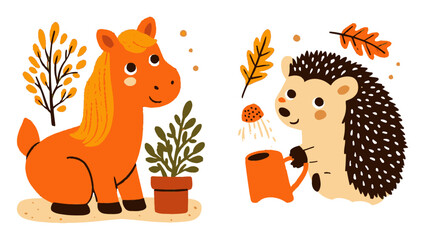 Adorable Cartoon Horse and Hedgehog with Autumn Leaves and Plants
