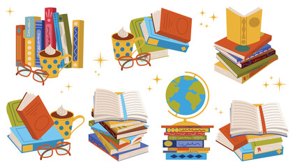 Cartoon flat style set of compositions with book stack, globe, reading glass, and cocoa mug.
