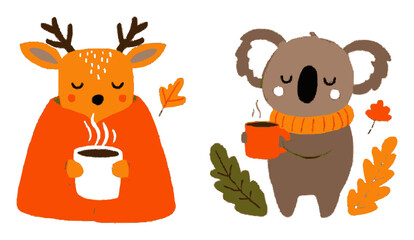 Cute Cartoon Animals Enjoying Warm Drinks in Autumn Colors and Cozy Settings