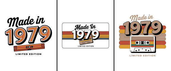Made in 1979 retro typography with vintage cassette tape vector artwork, classic limited edition birthday t shirt design for celebration