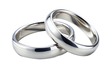 Illustration of two wedding silver rings isolated on transparent png background. Unity and love concepts